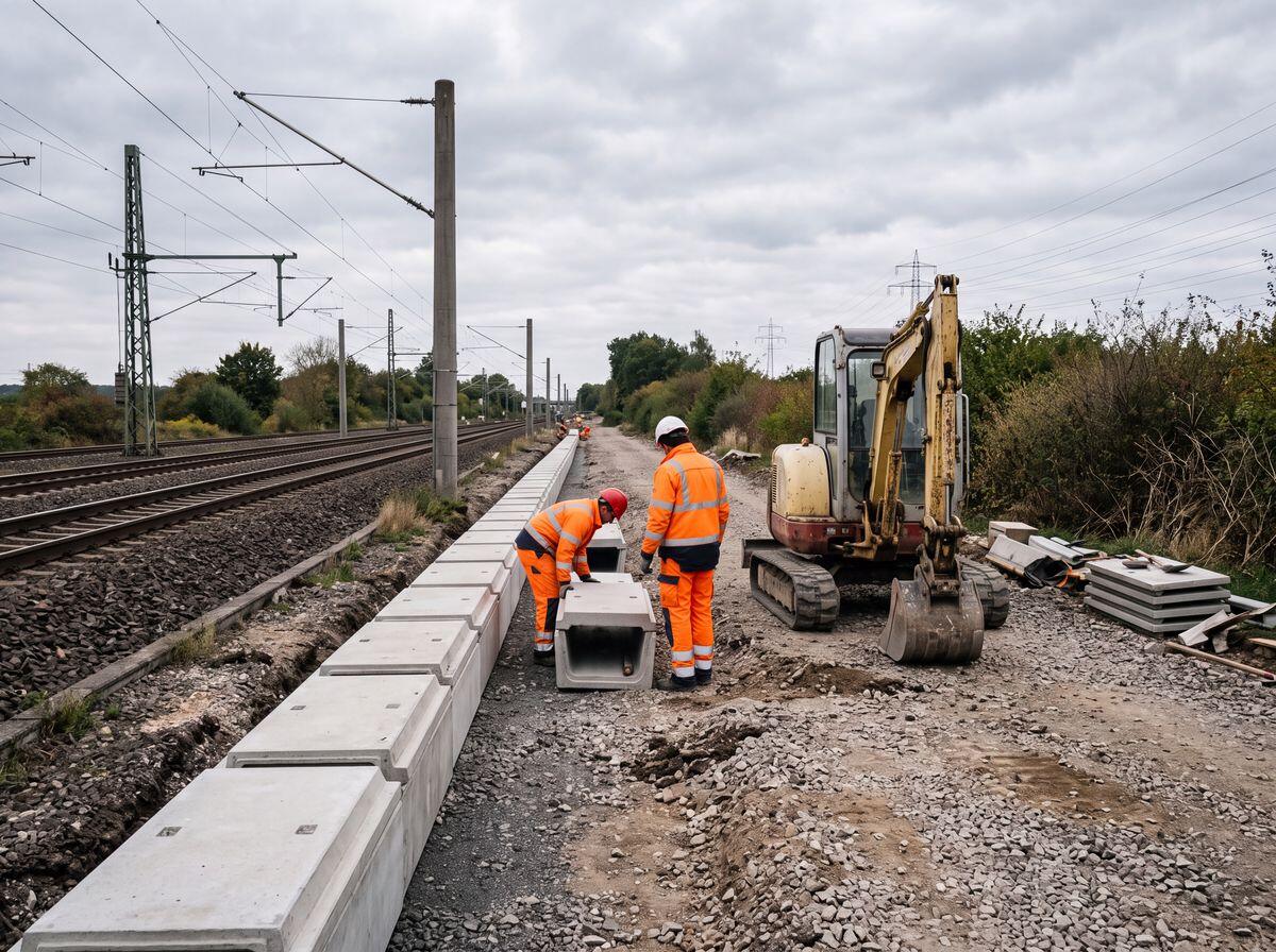 Kabeltröge werden neben einer Bahnstrecke verlegt