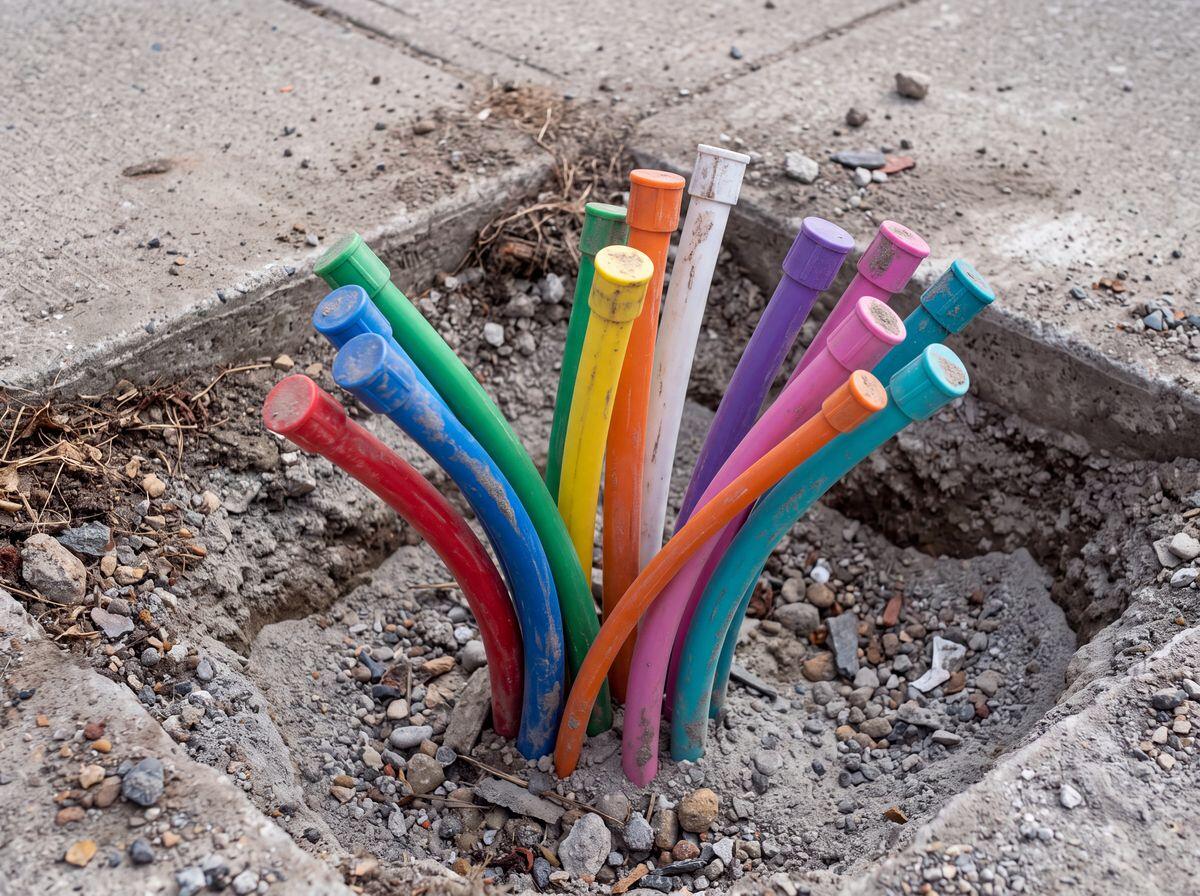 Bunte Mikrorohre mit farbigen Endkappen ragen aus dem Sand